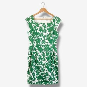 LL Bean Green Floral Sheath Dress Size 8 Spring Office Knee Length Pockets